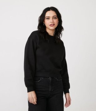 Blusão Cropped Básico Em Moletom Com Gola Redonda Preto
