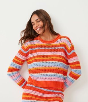 Blusão Em Tricô Com Pontos Vazados E Listras Coloridas Laranja