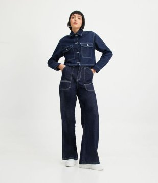 Calça Wide Leg Cintura Alta Em Jeans Com Costura Aparente Azul