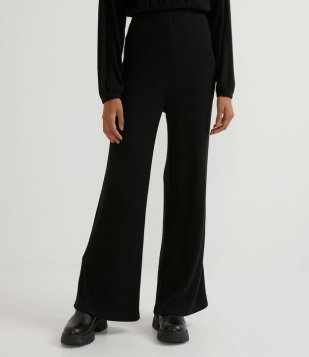 Calça Wide Leg Em Viscose Canelada Sem Estampa Preto