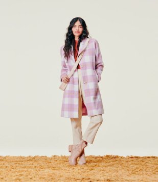 Casaco Longo Em Polivelour Com Estampa Xadrez Rosa/Branco