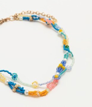 Colar Camadas Com Miçangas Variadas E Florzinhas Multicores