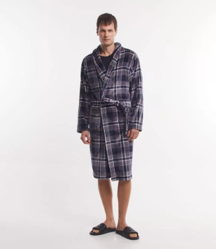 Roupão Em Fleece Com Estampa Xadrez E Bolsos Cinza/Azul