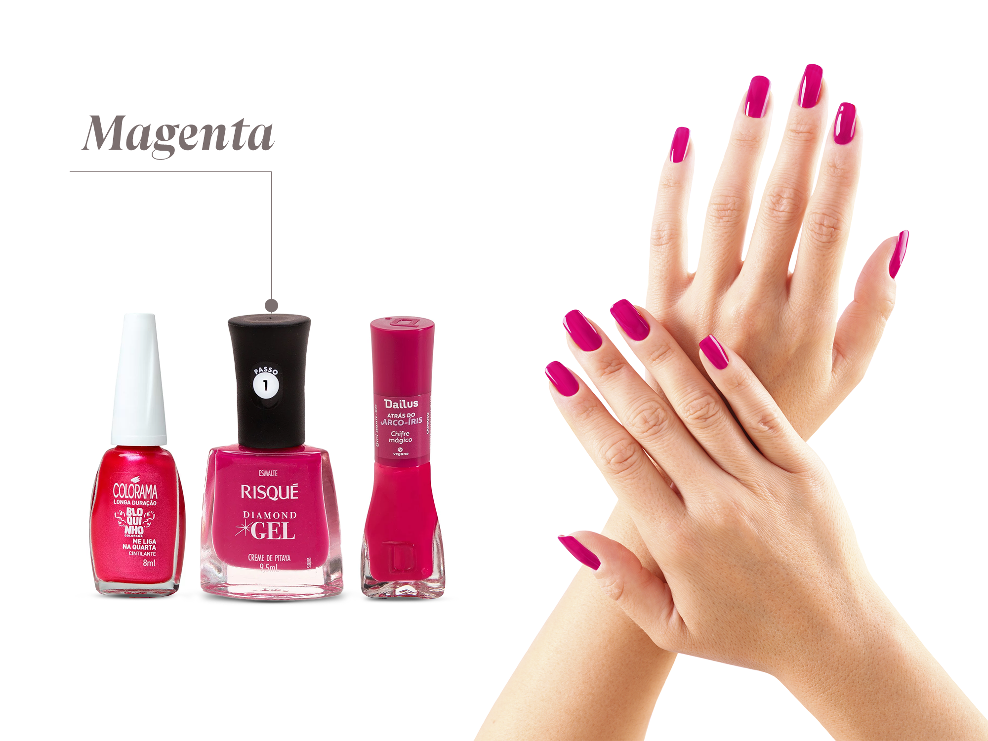 Esmalte em ton de magenta e frascos de esmalte magenta