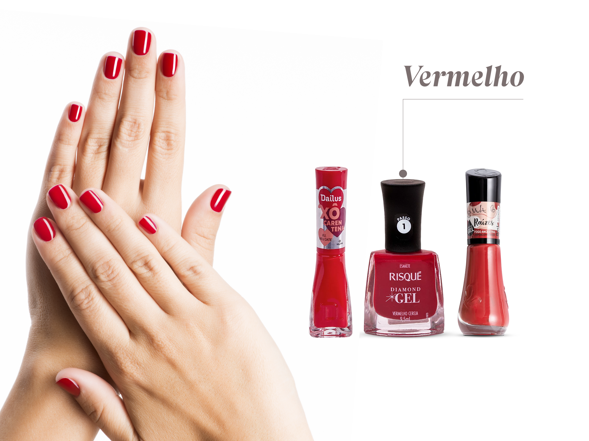 Esmalte em tom de vermelho e frascos de esmalte vermelho