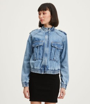 Jaqueta Bomber Jeans Com Gola Alta Punho Ajustado E Bolso Grande Azul