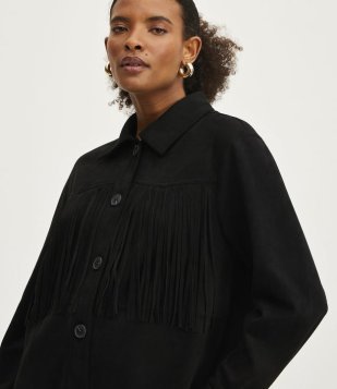 Jaqueta Leve Em Suede Com Franjas Preto