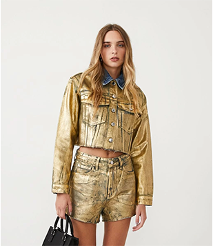 Jaqueta Jeans Com Barra A Fio E Superfície Em Foil Dourado