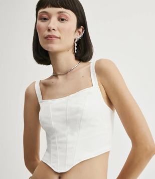 Blusa Regata Cropped Corset Em Sarja Branco