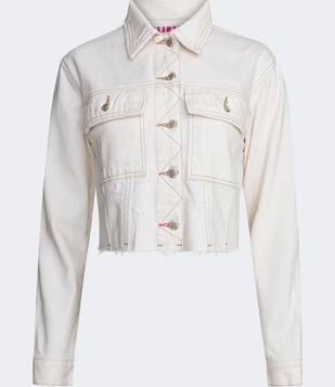  Jaqueta Cropped Em Jeans Com Bolsos E Barra A Fio Off White