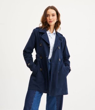 Casaco Trench Coat Em Sarja Com Amarração Larga Azul Marinho
