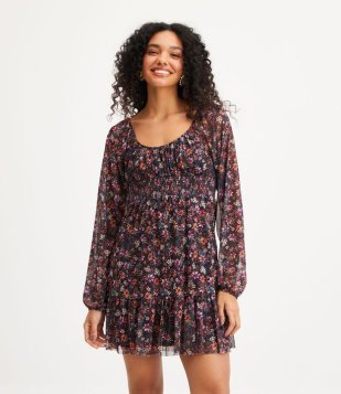 Vestido Curto Em Tule Com Recorte Franzido Na Saia E Estampa Floral Preto