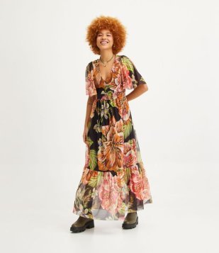 Vestido New Midi Em Tule Com Manga Godê E Estampa Floral Multicores