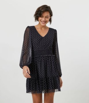 Vestido Curto Em Tule Com Estampa De Corações Preto