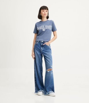 Calça Wide Leg Jeans Com Listras No Bolso E Puídos Azul