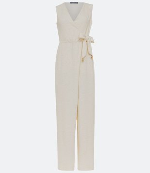 Macacão Wide Leg Com Malha Bouclê E Tranpassado Bege