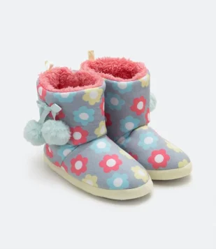 Pantufa Bota Infantil Em Fleece Com Estampa De Margaridas E Forro De Pelinhos - Tam 29/30 Ao 35/36 Cinza