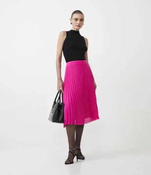 Saia New Midi Em Chiffon Com Plissado Rosa Pink