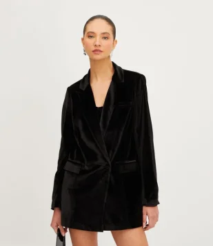 Blazer Alongado Em Veludo Com Abotoamento Duplo Preto