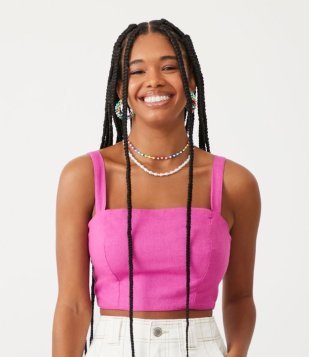 Blusa Cropped De Alça Em Linho Com Lastex Nas Costas Rosa