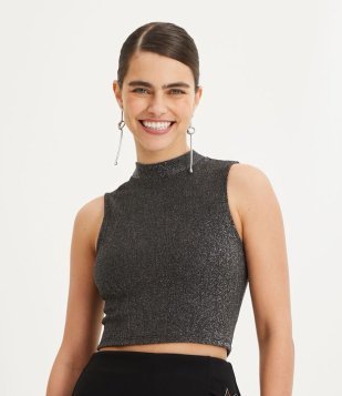 Blusa Cropped Sem Manga Em Meia Malha Brilhante Cinza