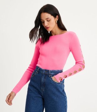 Blusa Em Tricô Com Gola Canoa E Recortes Nas Mangas Rosa