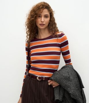Blusa Regular em Tricô Listrado Laranja