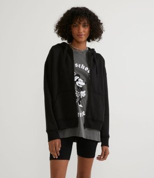 Blusão Aberto Em Moletom Apeluciado Com Capuz E Fechamento Por Zíper Preto