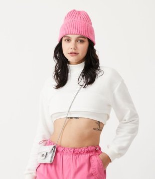 Blusão Cropped Em Moletom Com Golinha Alta E RIbana No Punho Branco Neve