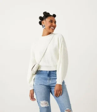 Blusão Suéter Em Tricô Texturizado Com Punho Ajustado Branco Neve