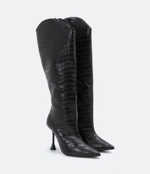 Bota Cano Alto Com Salto Fino Taça E Textura Croco Preto
