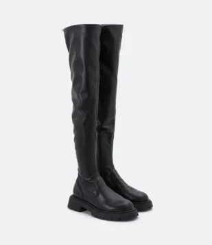 Bota Over The Knee Em Material Sintético Com Sola Tratorada Preto
