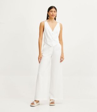 Calça Pantalona Alfaiataria Em Crepe Com Botão Forrado Off White