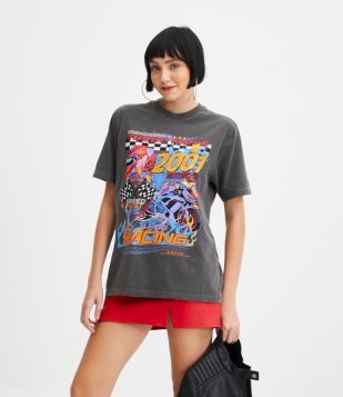 Camiseta Em Meia Malha Com Estampa De Corrida De Moto Preto Estonado