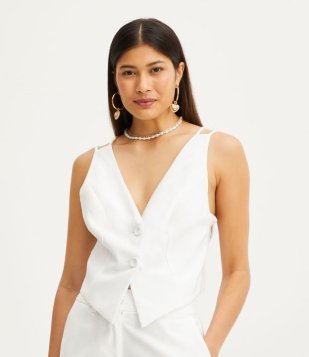 Colete Cropped Alfaiataria Em Viscose Com Botões Forrados Branco