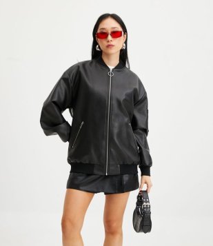 Jaqueta Bomber Em Material Sintético Lettering Motorcycle Preto