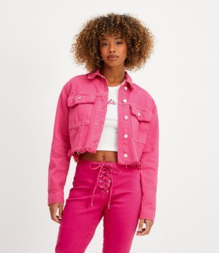 Jaqueta Cropped Em Sarja Com Bolsos E Barra Com Fanjas Rosa