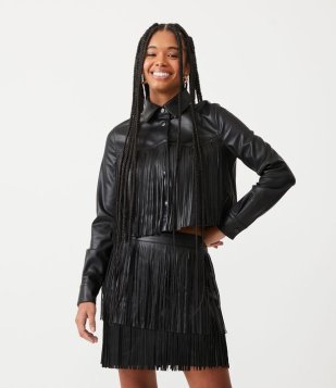 Jaqueta Em Material Sintético Com Franjas No Busto E Nas Costas Preto