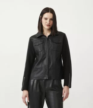 Jaqueta Trucker Em Material Sintético Com Recortes Na Manga Preto