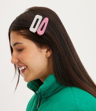 Kit 02 Presilha De Cabelo Com Glitter Rosa/Branco