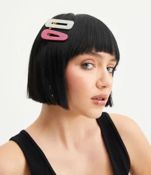 Kit 02 Presilha De Cabelo Com Glitter Rosa/Branco