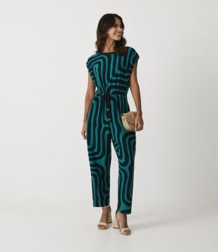 Macacão Longo Em Viscose Com Amarração E Estampa Labirinto Verde/Preto