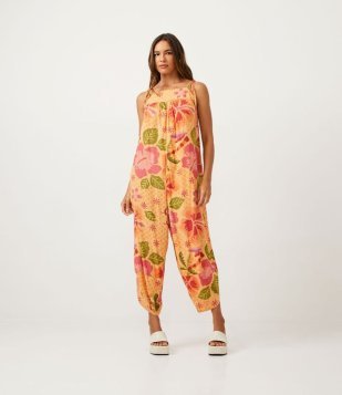 Macacão Longo Em Viscose Com Estampa Floral Laranja
