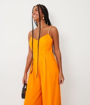 Macacão Pantalona De Alça Em Viscose Twill Com Pregas Laranja