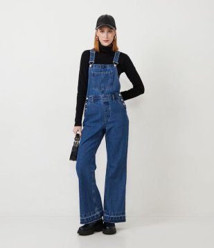 Macacão Wide Leg Em Jeans Com Bolsos E Botões Azul