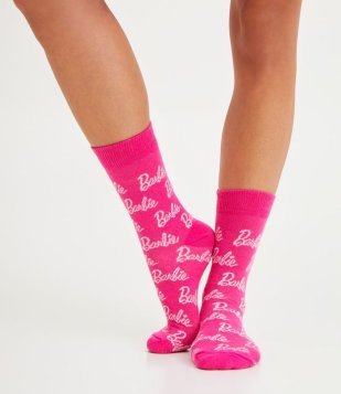 Meia Cano Alto Em Algodão Com Lettering Barbie Rosa