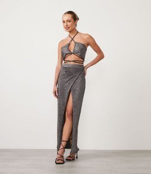 Saia Longa Em Tricô Metalizado Com Fenda Lateral Profunda Cinza