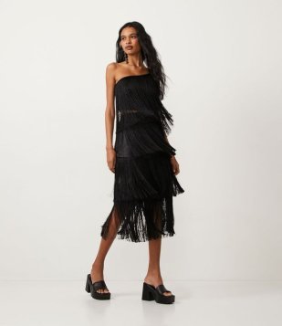 Saia Midi Em Crepe Com Franjas Em Camadas Preto