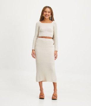 Saia Midi Texturizada Com Pontos Trançados Off White