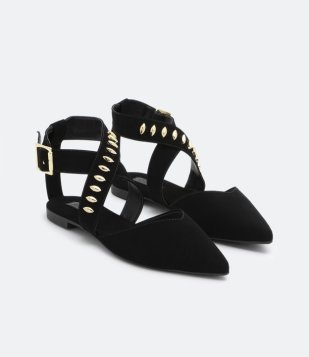 Sapatilha Com Tiras Em X E Bico Fino Preto